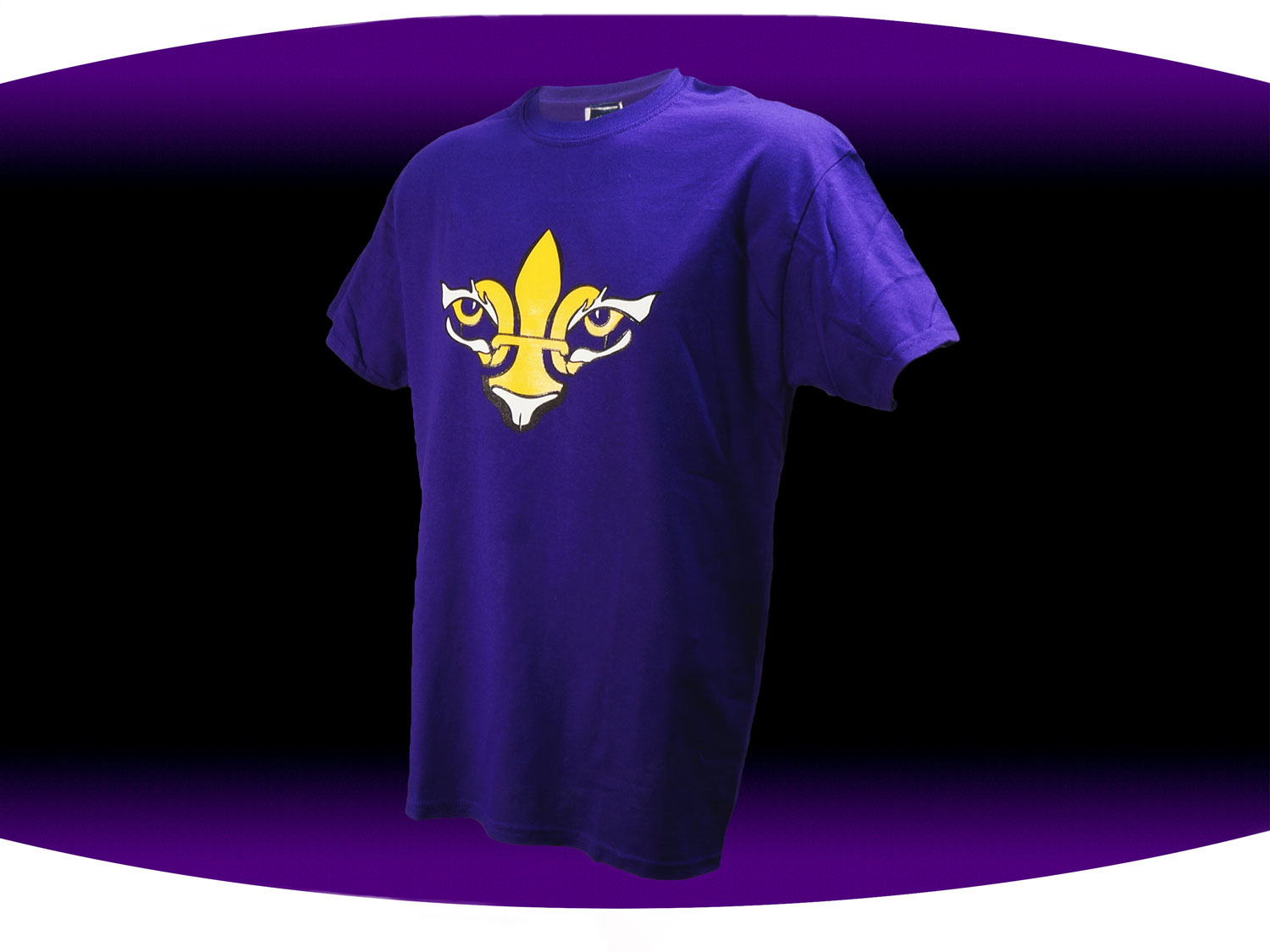 Purple screenprinted LSU t-shirt with a gold and white fleur de lis with tiger eyes on the chest